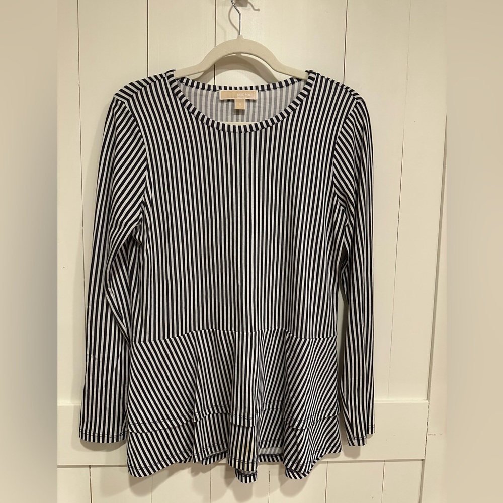 Michael by Michael Kors Navy White Striped Peplum Top | Size Small